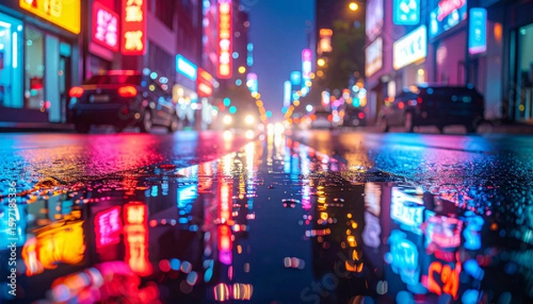 Fototapeta Neon Reflections on Rainy City Street