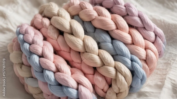 Fototapeta Close up of a pastel colored braided knit basket on a white fabric surface with soft lighting effect