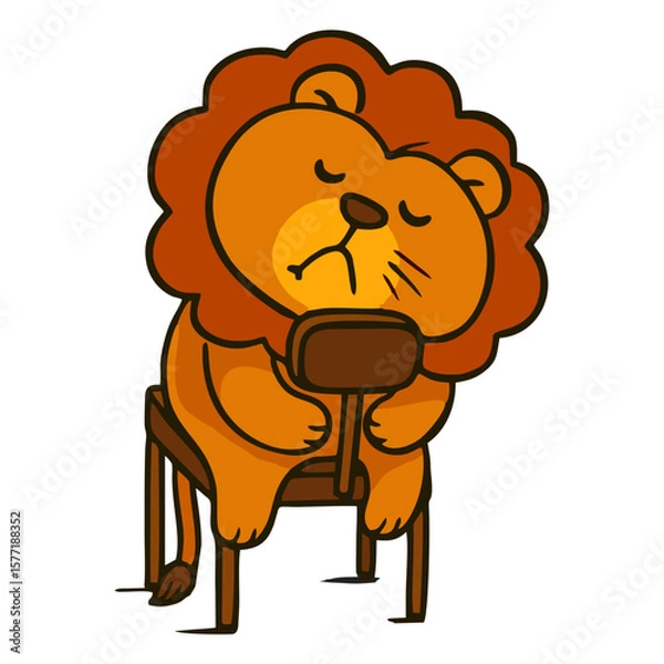 Fototapeta Cute cartoon lion mascot sleeping or tired, slumped over a chair, conveying rest, exhaustion, or a lazy mood.