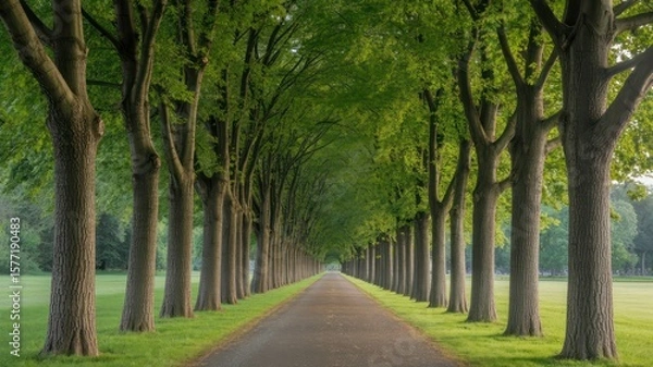 Fototapeta Avenue of trees with green leaves forming a canopy over a path leading into the distance in parkland