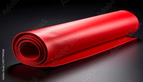 Fototapeta Rolled-up red rubber sheet on dark surface