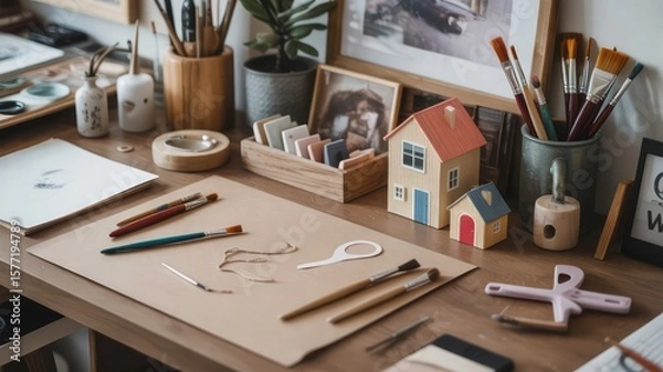 Fototapeta Overhead shot of an artist's desk with brushes, paints, and a small house model in a bright room