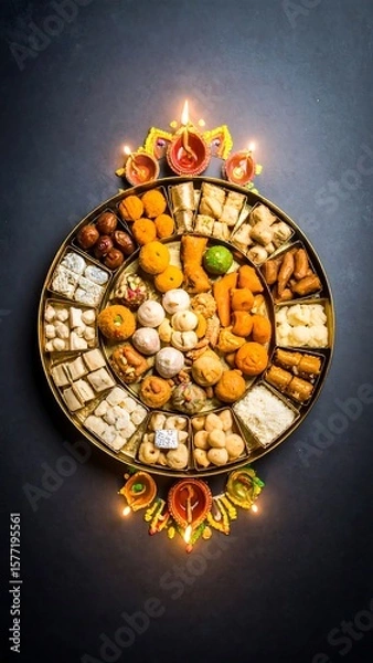 Obraz Round tray filled with colorful Indian sweets, surrounded by diyas