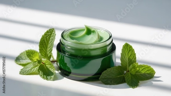 Fototapeta A green cream in a glass jar surrounded by fresh mint leaves on a white surface with light stripes