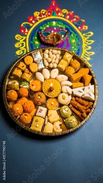 Obraz Round tray of colorful Indian sweets, diya, rangoli
