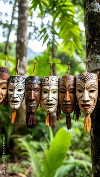 Obraz Row of handcrafted wooden masks hanging in a jungle setting