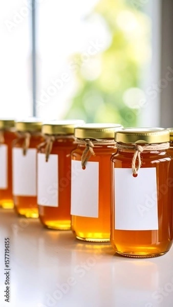 Obraz Row of honey jars with blank labels