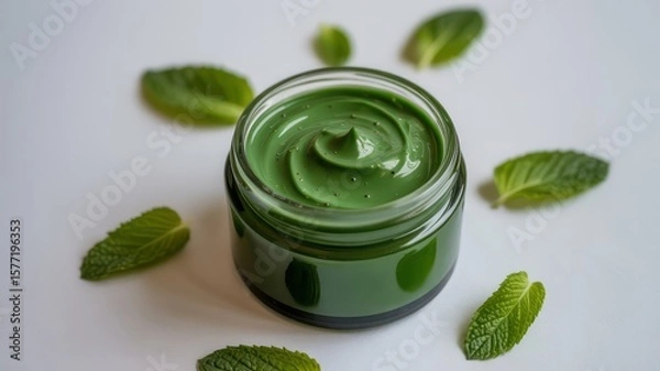 Fototapeta A jar of green cream surrounded by fresh mint leaves on a white surface in a well lit environment