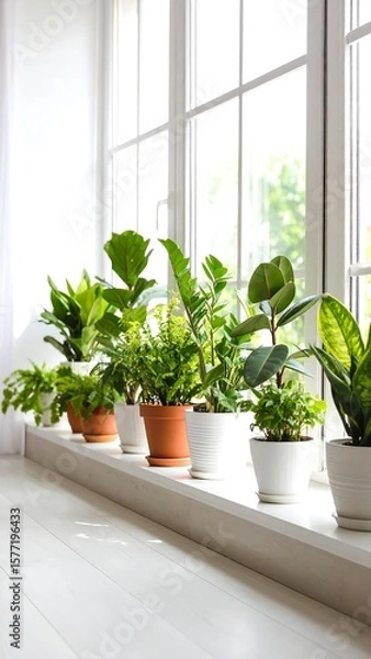Obraz Row of potted plants on a bright windowsill