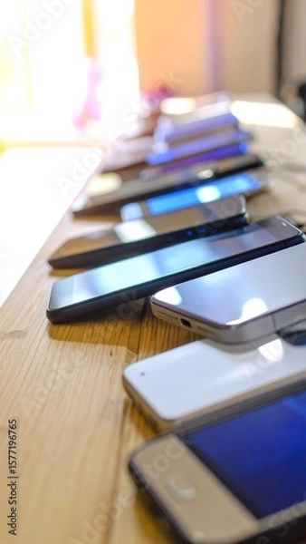 Obraz Row of smartphones on a wooden table