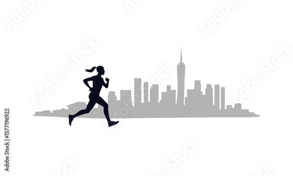 Fototapeta Simple Logo of a Runner Silhouette With City Skyline in the Background, City Running Logo