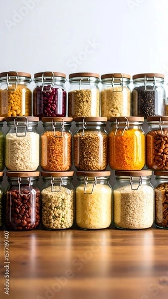 Obraz Rows of clear glass jars filled with various dried foods