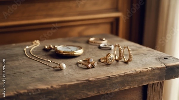 Fototapeta Arrangement of jewelry and a pocket watch on a wooden surface with a blurred background setting the scene