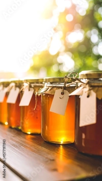 Obraz Rows of honey jars, tied with twine, on a wooden table, sunlight