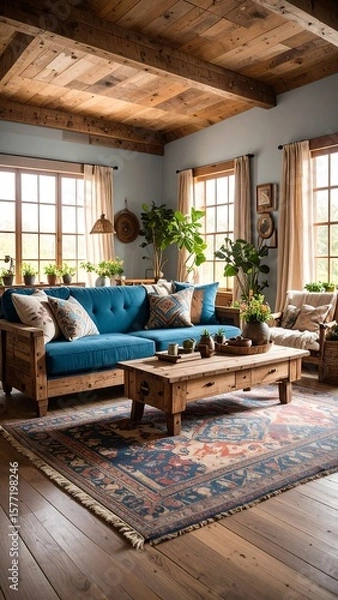 Obraz Rustic living room with wooden beams, blue sofa, and colorful rug