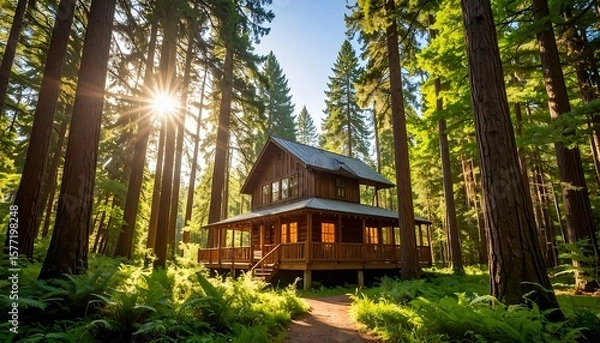 Obraz Rustic cabin nestled in forest. Sunlight streams through trees