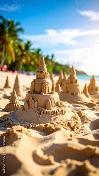 Obraz Sandcastle array on sunny beach