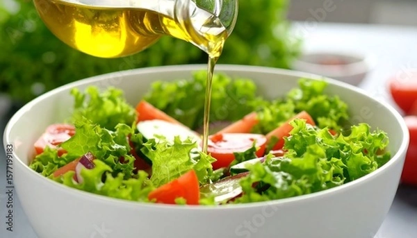 Obraz Salad dressing being poured over fresh salad
