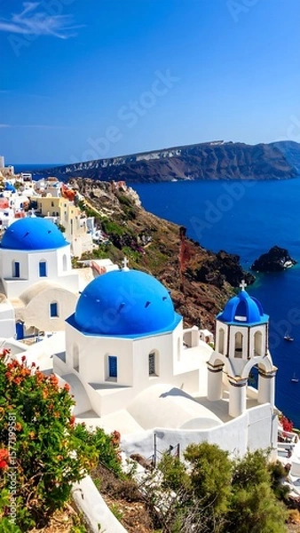 Obraz Santorini, Greece, with blue domed churches