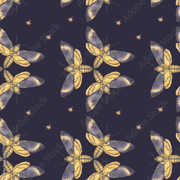 Obraz Seamless watercolor pattern featuring death's-head hawkmoth butterflies with golden stars on a dark background. Perfect for textiles, wallpapers, gothic decor, and mystical designs.