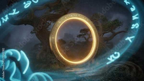 Fototapeta Glowing portal with ancient runes and a view of distant trees in a mystical landscape scene art