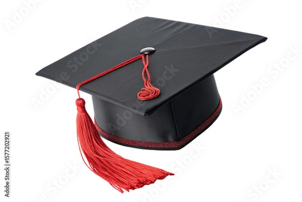 Fototapeta Black graduation mortarboard cap with red tassel isolated on transparent background