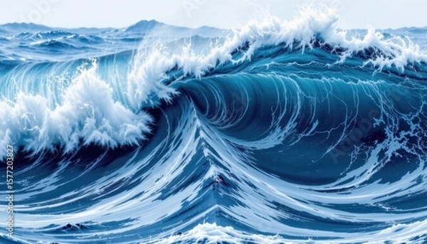 Fototapeta Massive ocean wave with powerful and swirling foam in deep blue sea under bright sky, high surf and natural water movement for marine and nature themes