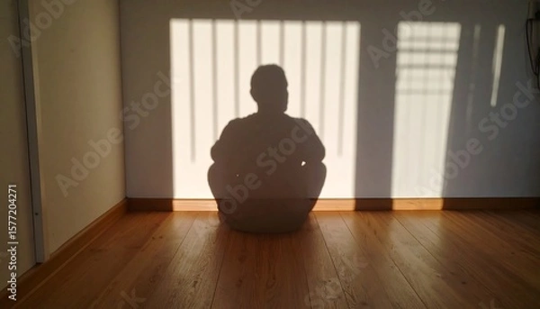 Obraz Silhouette of a person seated on a light-wood floor, bathed in sunlight shadows