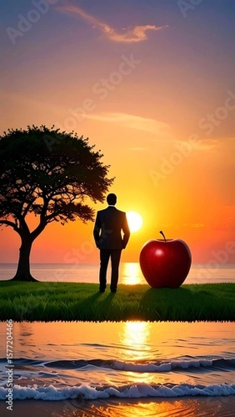 Obraz Silhouette of man facing giant apple at sunset