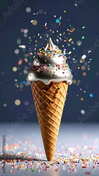Obraz Silver ice cream cone with colorful sprinkles