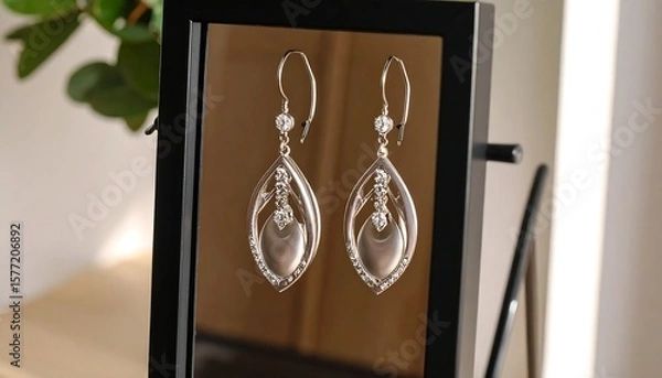Obraz Silver leaf-shaped earrings displayed in a black frame