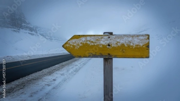 Fototapeta Yellow arrow sign covered in snow pointing left near a road in a snowy and foggy landscape