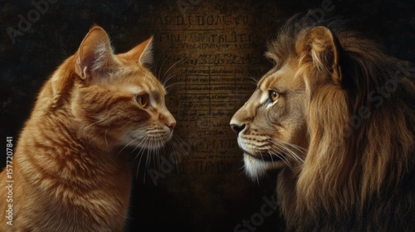 Fototapeta A photo of an orange cat looking in the mirror and seeing its reflection as a majestic lion, symbolizing self-awareness and confidence