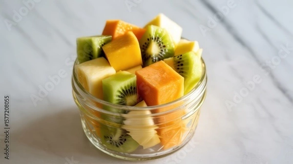 Fototapeta Close up of glass bowl filled with cubed kiwi pineapple and cantaloupe on a marble surface near window