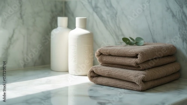 Fototapeta Still life of folded towels with leaf and white bottles on marble surface in soft light