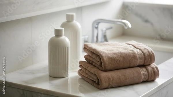 Fototapeta Bathroom scene featuring towels, bottles, and a faucet on a marble countertop with soft lighting
