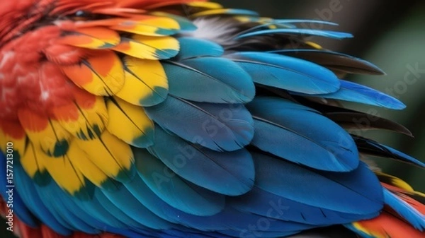 Fototapeta Close up shot showing the vibrant feathers of a macaw with blue yellow and red colors visible