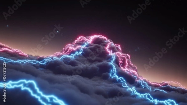 Fototapeta A view of storm clouds with pink and blue lightning strikes at night with a dark sky above it all