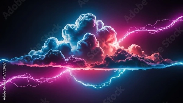 Fototapeta Dramatic cloudscape with neon lightning bolts against a dark background creating a powerful scene