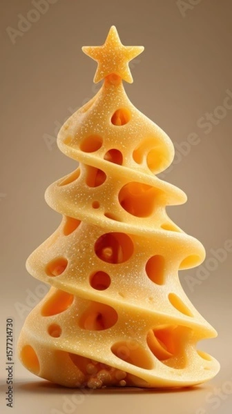 Fototapeta Cheese shaped like a Christmas tree with decorative holes and a star on top displayed on a plain background