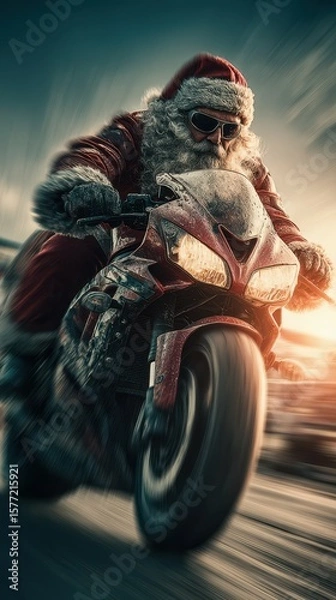 Fototapeta Santa Claus speeding on a motorcycle during a sunset ride in a festive atmosphere