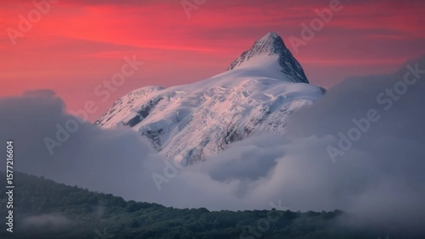 Fototapeta Mountain peak covered in snow with pink sky and clouds creating a scenic landscape view at dusk time