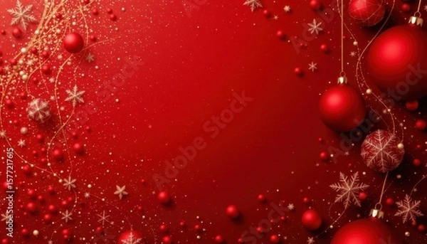 Fototapeta Festive Christmas Decorations with Red Ornaments and Sparkling Snowflakes on a Vibrant Red Background for Holiday Celebrations and Seasonal Cheer