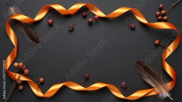 Fototapeta Orange ribbon frame with feathers and berries on a dark background creating a decorative border