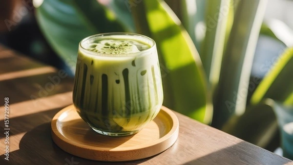 Fototapeta Iced matcha latte on a wooden coaster with plant background in soft light and shadow on table top