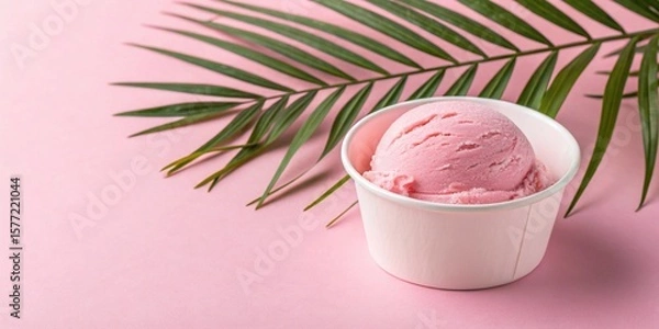 Obraz Pink Ice Cream Scoop in a White Cup with Palm Leaf on Pink Background