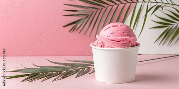 Obraz Pink Ice Cream Scoop in a White Cup with Palm Leaf on Pink Background