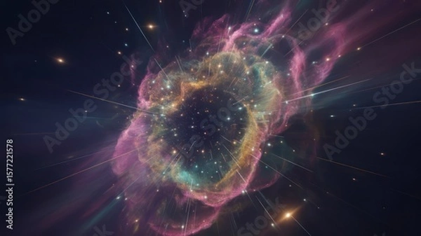 Fototapeta A vibrant nebula with swirling colors and bright stars against a dark cosmic background view from space