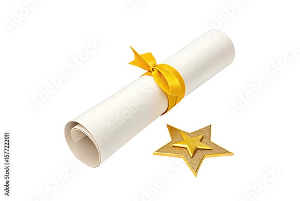 Fototapeta Golden star award and diploma scroll tied with yellow ribbon isolated on transparent background