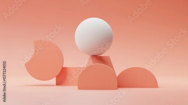 Fototapeta Still life of white sphere balanced on peach geometric shapes against peach background scene rendering
